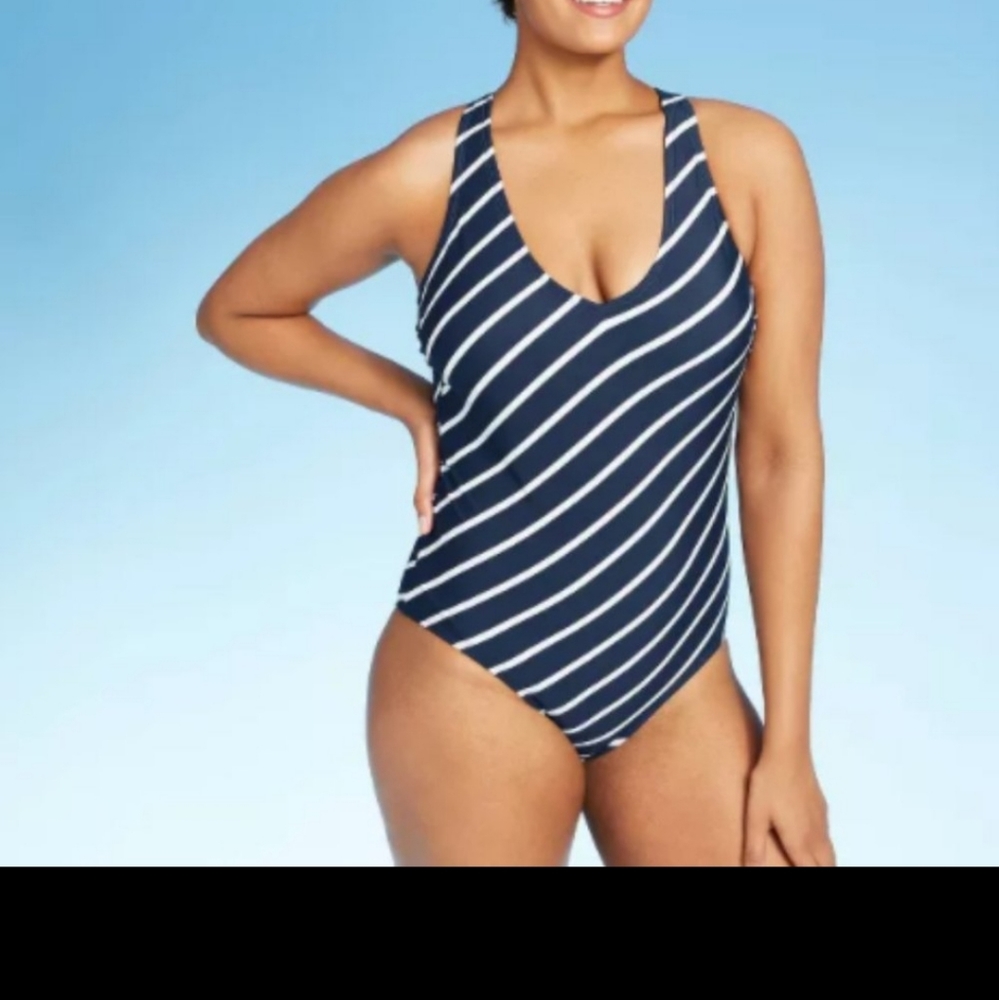 Kona Sol Women's  Navy Blue & White Striped  One Piece Swimsuit